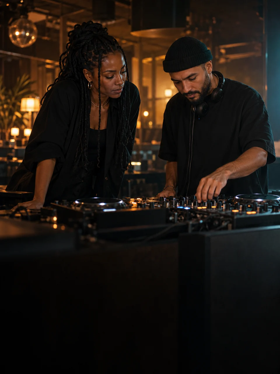 A curator and DJ preparing the booth in a warmly lit music venue