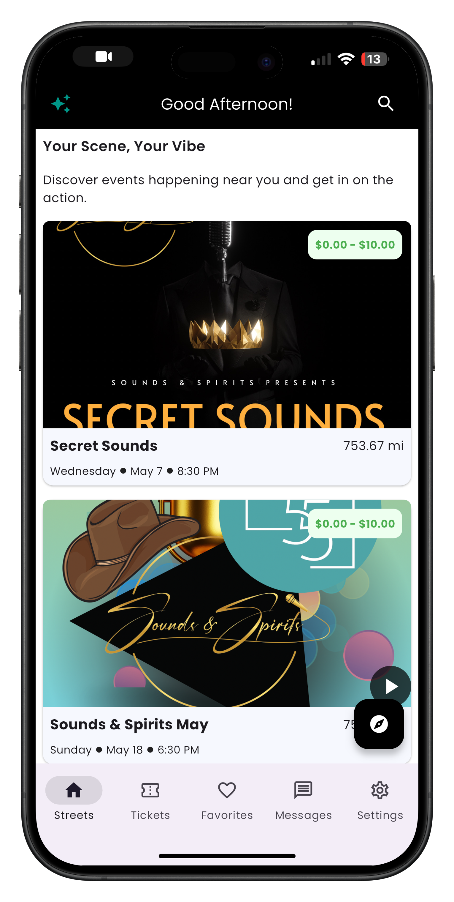Streets app home screen showing local events