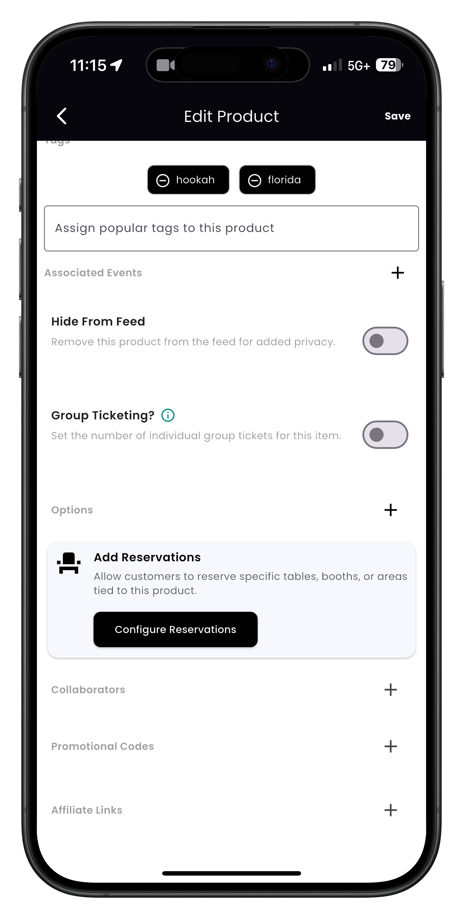 Product edit screen with categories and tags