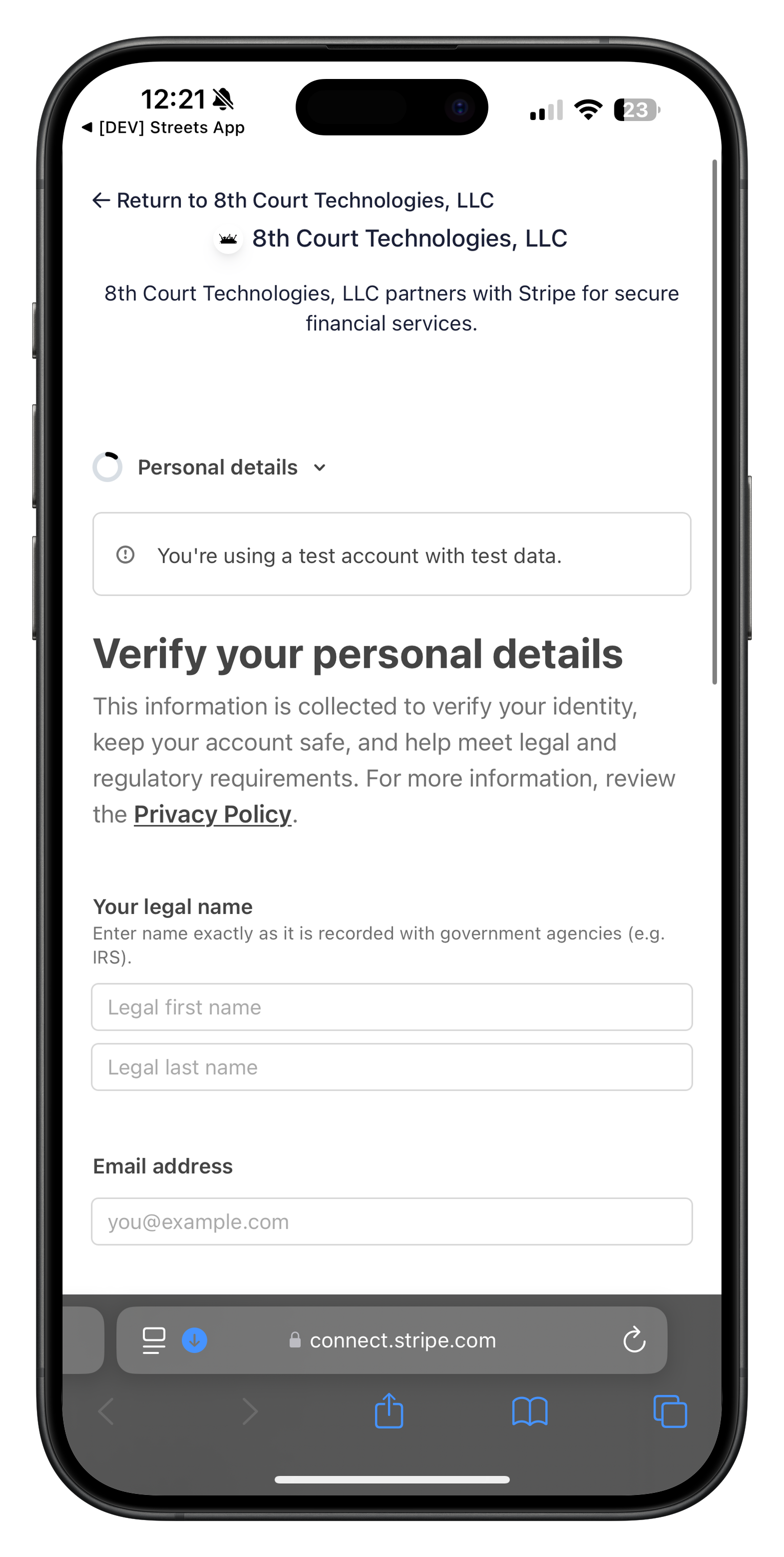 Stripe personal details verification form - part 1