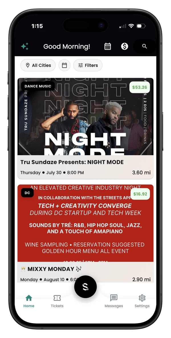 Streets app showing upcoming events